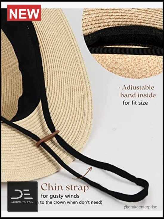 Wide Brim Straw Fedora Sun Hat with UPF 50+ Protection for Outdoor